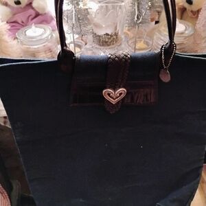 Vintage 🤩Brighton Leather-Trim Navy Tote Bag with Heart Accent